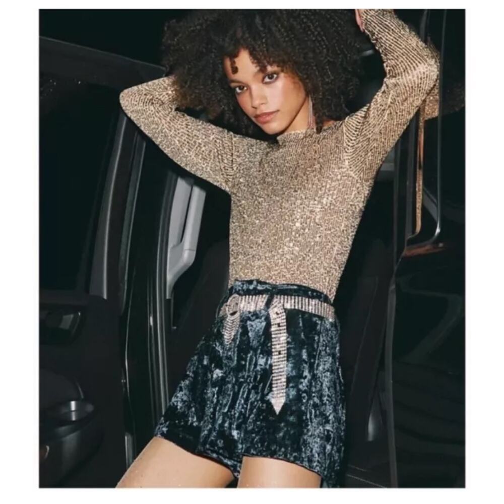 Free People Gold Rush Sequin Long Sleeve Top Blouse in Gold Combo Boho Chic XS